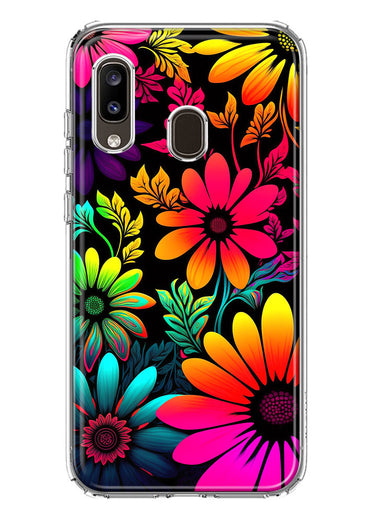 Samsung Galaxy A20 Neon Rainbow Glow Colorful Abstract Flowers Floral Hybrid Protective Phone Case Cover