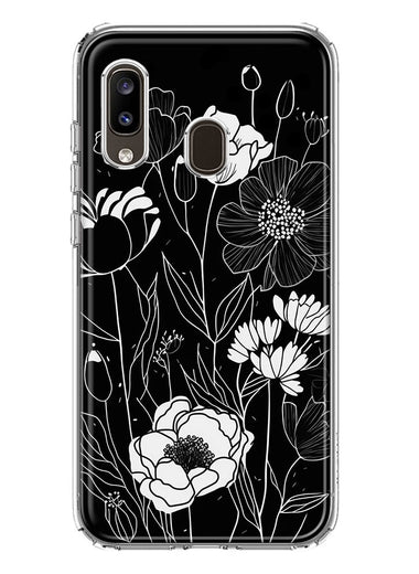 Samsung Galaxy A20 Line Drawing Art White Floral Flowers Hybrid Protective Phone Case Cover