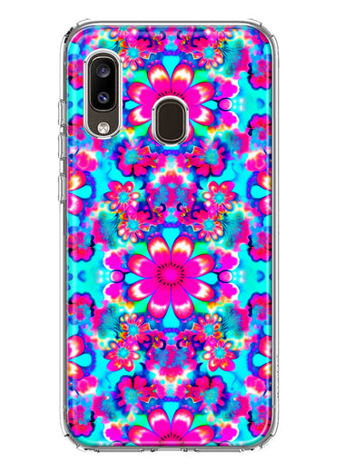 Samsung Galaxy A20 Pink Blue Vintage Hippie Tie Dye Flowers Hybrid Protective Phone Case Cover