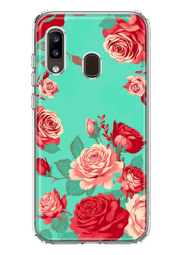 Samsung Galaxy A20 Turquoise Teal Vintage Pastel Pink Red Roses Double Layer Phone Case Cover