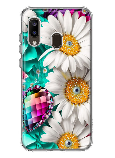 Samsung Galaxy A20 Colorful Crystal White Daisies Rainbow Gems Teal Double Layer Phone Case Cover
