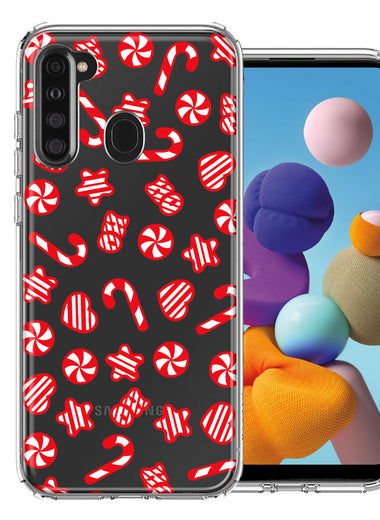 Samsung Galaxy A21 Christmas Winter Red White Peppermint Candies Swirls Candycanes Design Double Layer Phone Case Cover