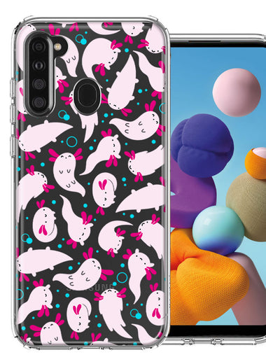 Samsung Galaxy A21 Pink Happy Swimming Axolotls Polka Dots Double Layer Phone Case Cover