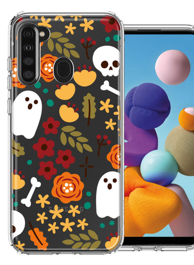 Samsung Galaxy A21 Spooky Season Fall Autumn Flowers Ghosts Skulls Halloween Double Layer Phone Case Cover