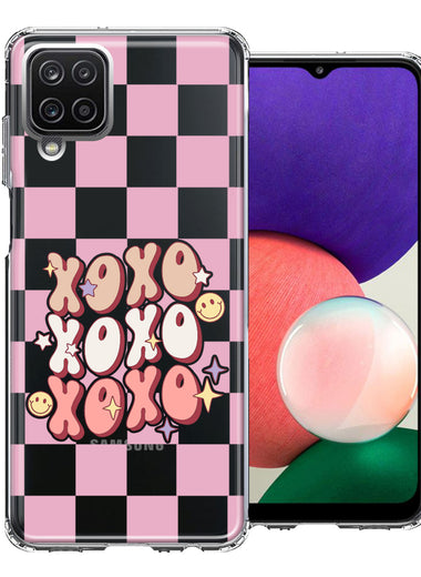Samsung Galaxy A22 5G Retro Pink Checkered XOXO Vintage 70s Style Hippie Valentine Love Double Layer Phone Case Cover