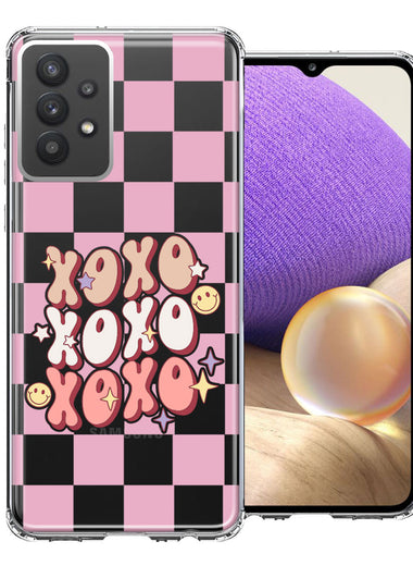 Samsung Galaxy A32 Retro Pink Checkered XOXO Vintage 70s Style Hippie Valentine Love Double Layer Phone Case Cover