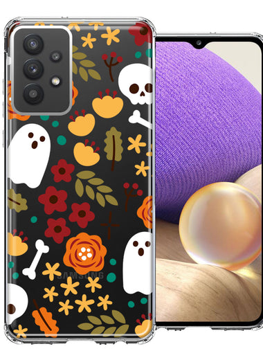 Samsung Galaxy A32 Spooky Season Fall Autumn Flowers Ghosts Skulls Halloween Double Layer Phone Case Cover