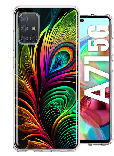 Samsung Galaxy A71 5G Neon Rainbow Glow Peacock Feather Hybrid Protective Phone Case Cover