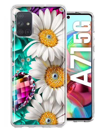 Samsung Galaxy A71 5G Colorful Crystal White Daisies Rainbow Gems Teal Double Layer Phone Case Cover