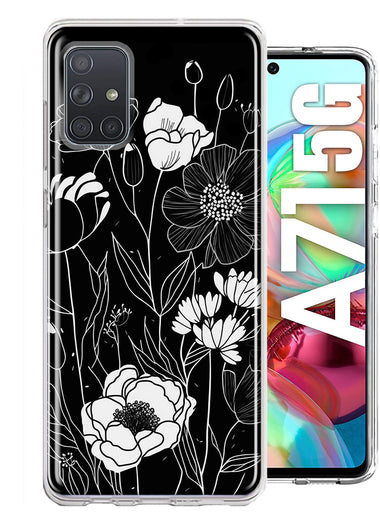 Samsung Galaxy A71 4G Line Drawing Art White Floral Flowers Hybrid Protective Phone Case Cover