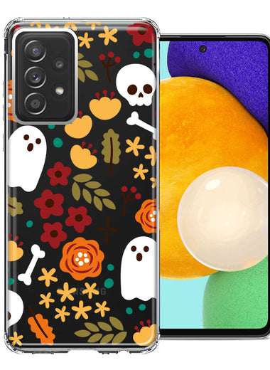 Samsung Galaxy A72 Spooky Season Fall Autumn Flowers Ghosts Skulls Halloween Double Layer Phone Case Cover