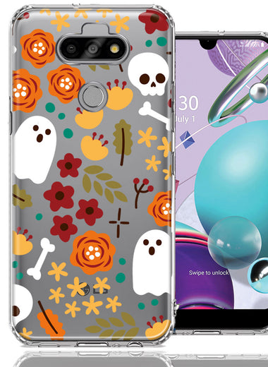 LG Aristo 5/Phoenix 5/Risio 4 Spooky Season Fall Autumn Flowers Ghosts Skulls Halloween Double Layer Phone Case Cover