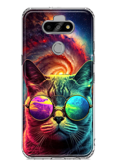 LG Aristo 5/Phoenix 5/Risio 4 Neon Rainbow Galaxy Cat Hybrid Protective Phone Case Cover