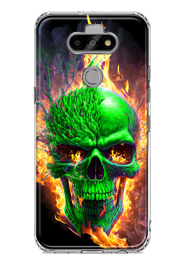 LG Aristo 5/Phoenix 5/Risio 4 Green Flaming Skull Burning Fire Double Layer Phone Case Cover