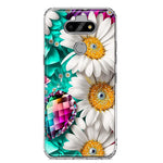 LG Aristo 5/Phoenix 5/Risio 4 Colorful Crystal White Daisies Rainbow Gems Teal Double Layer Phone Case Cover
