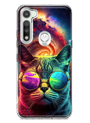 Motorola Moto G Fast Neon Rainbow Galaxy Cat Hybrid Protective Phone Case Cover