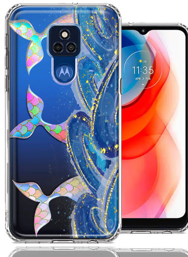 Motorola Moto G Play 2021 Rainbow Mermaid Tails Scales Ocean Waves Beach Girls Summer Double Layer Phone Case Cover