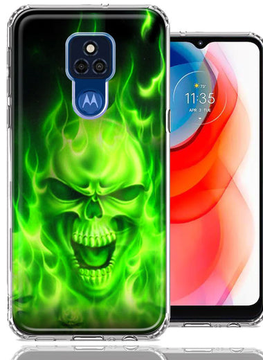 Motorola Moto G Play 2021 Green Flaming Skull Double Layer Phone Case Cover