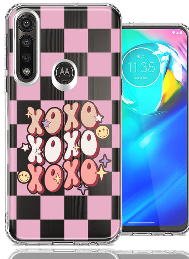 Motorola Moto G Power Retro Pink Checkered XOXO Vintage 70s Style Hippie Valentine Love Double Layer Phone Case Cover