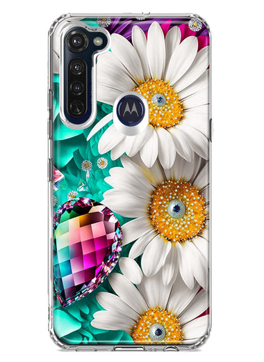 Motorola Moto G Stylus Colorful Crystal White Daisies Rainbow Gems Teal Double Layer Phone Case Cover