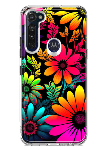 Motorola Moto G Stylus Neon Rainbow Glow Colorful Abstract Flowers Floral Hybrid Protective Phone Case Cover