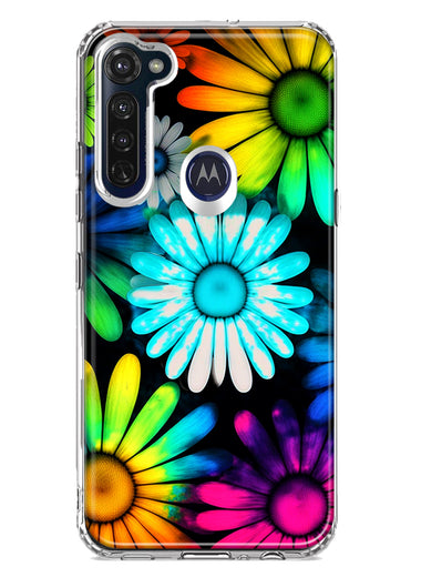 Motorola Moto G Stylus Neon Rainbow Daisy Glow Colorful Daisies Baby Blue Pink Yellow White Double Layer Phone Case Cover