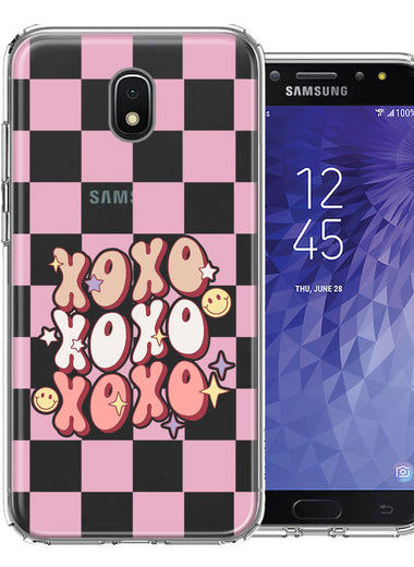 Samsung Galaxy J7 (2018) Star/Crown/Aura Retro Pink Checkered XOXO Vintage 70s Style Hippie Valentine Love Double Layer Phone Case Cover