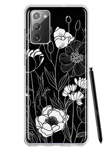 Samsung Galaxy Note 20 Line Drawing Art White Floral Flowers Hybrid Protective Phone Case Cover