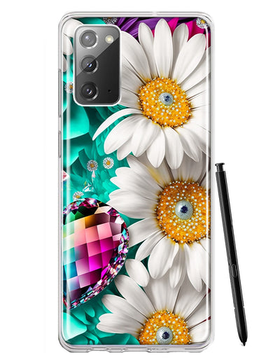 Samsung Galaxy Note 20 Colorful Crystal White Daisies Rainbow Gems Teal Double Layer Phone Case Cover