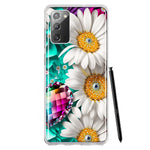 Samsung Galaxy Note 20 Colorful Crystal White Daisies Rainbow Gems Teal Double Layer Phone Case Cover