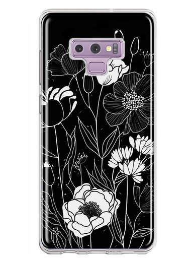 Samsung Galaxy Note 9 Line Drawing Art White Floral Flowers Hybrid Protective Phone Case Cover