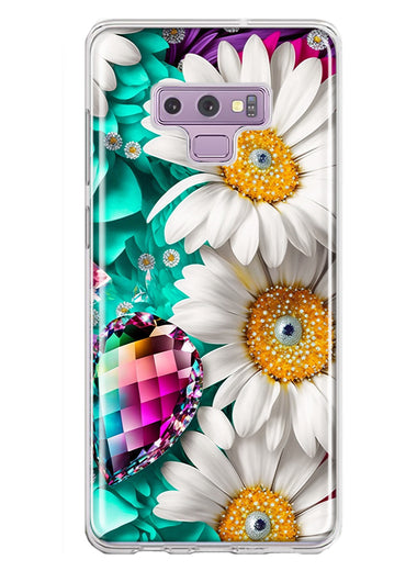 Samsung Galaxy Note 9 Colorful Crystal White Daisies Rainbow Gems Teal Double Layer Phone Case Cover