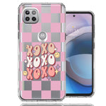 Motorola One 5G Ace Retro Pink Checkered XOXO Vintage 70s Style Hippie Valentine Love Double Layer Phone Case Cover