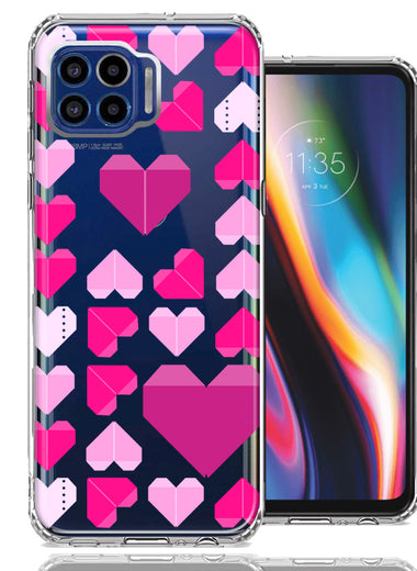 Motorola One 5G Pink Purple Origami Valentine's Day Polkadot Hearts Design Double Layer Phone Case Cover