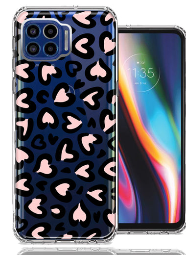 Motorola One 5G Cute Pink Leopard Print Hearts Valentines Day Love Double Layer Phone Case Cover
