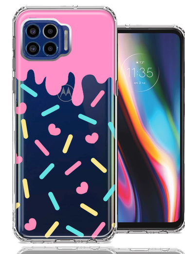 Motorola One 5G Pink Drip Frosting Cute Heart Sprinkles Kawaii Cake Design Double Layer Phone Case Cover