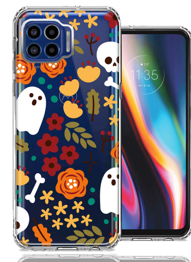 Motorola One 5G Spooky Season Fall Autumn Flowers Ghosts Skulls Halloween Double Layer Phone Case Cover