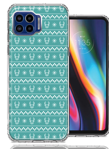 Motorola One 5G Teal Christmas Reindeer Pattern Design Double Layer Phone Case Cover