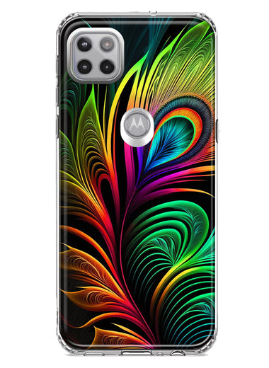 Motorola One 5G Neon Rainbow Glow Peacock Feather Hybrid Protective Phone Case Cover
