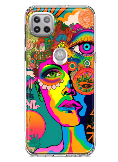 Motorola One 5G Neon Rainbow Psychedelic Hippie One Eye Pop Art Hybrid Protective Phone Case Cover