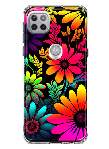 Motorola One 5G Neon Rainbow Glow Colorful Abstract Flowers Floral Hybrid Protective Phone Case Cover
