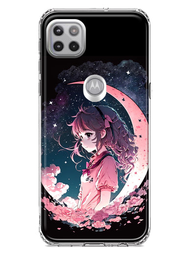 Motorola One 5G Kawaii Manga Pink Cherry Blossom Dreaming Moon Girl Hybrid Protective Phone Case Cover
