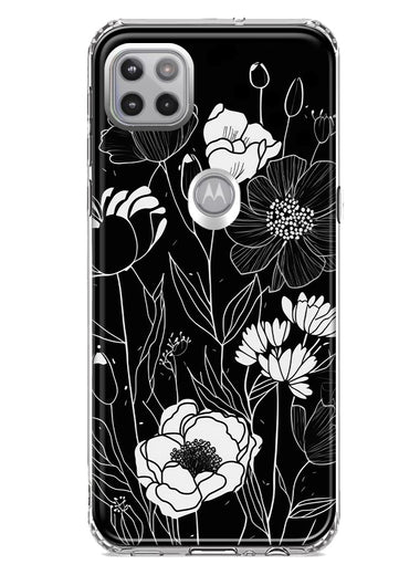 Motorola One 5G Line Drawing Art White Floral Flowers Hybrid Protective Phone Case Cover