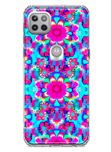 Motorola One 5G Pink Blue Vintage Hippie Tie Dye Flowers Hybrid Protective Phone Case Cover