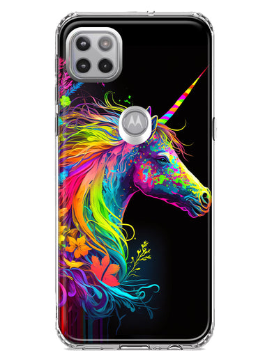 Motorola One 5G Neon Rainbow Glow Unicorn Floral Hybrid Protective Phone Case Cover