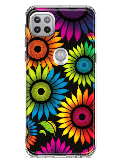 Motorola One 5G Neon Rainbow Glow Sunflowers Colorful Floral Pink Purple Double Layer Phone Case Cover