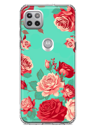 Motorola One 5G Turquoise Teal Vintage Pastel Pink Red Roses Double Layer Phone Case Cover