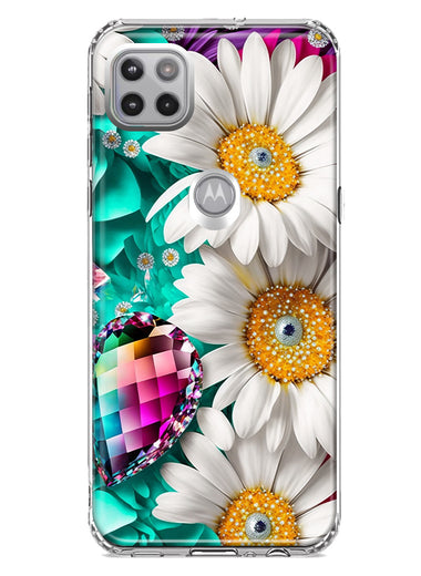 Motorola One 5G Colorful Crystal White Daisies Rainbow Gems Teal Double Layer Phone Case Cover