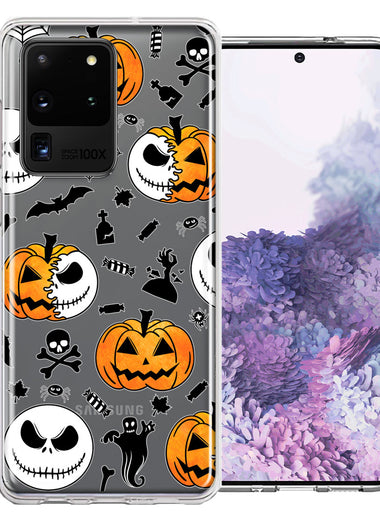 Samsung Galaxy S20 Ultra Halloween Jack-O-Lantern Pumpkin Skull Spooky Design Double Layer Phone Case Cover