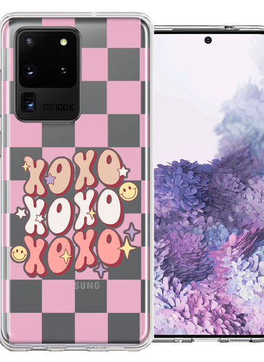 Samsung Galaxy S20 Ultra Retro Pink Checkered XOXO Vintage 70s Style Hippie Valentine Love Double Layer Phone Case Cover